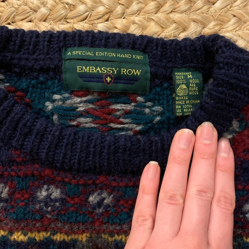 Vintage 90s Wool Sweater Oversized Crewneck Grandpa Knit Nordic Pattern